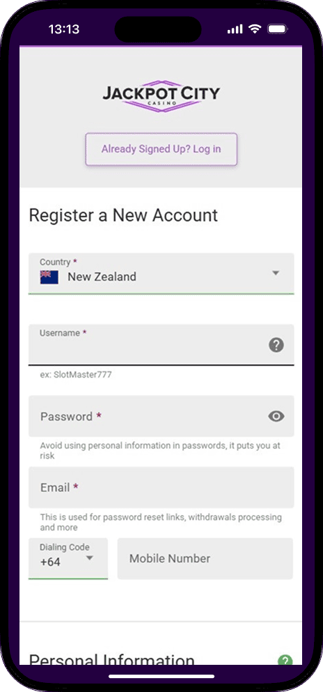 Registration at Jackpot City Casino